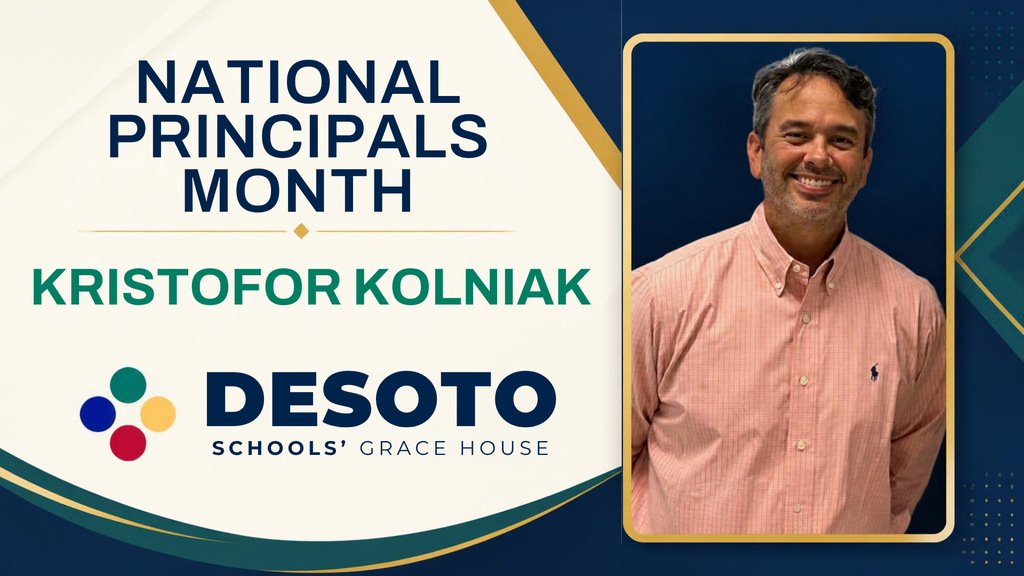 Graphic featuring a smiling man in a pink shirt with "National Principals Month" and "Kristofor Kolniak" text.