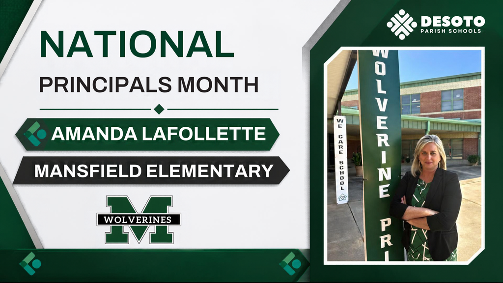 Green and white banner highlights National Principals Month, featuring Amanda Lafollette from Mansfield Elementary.