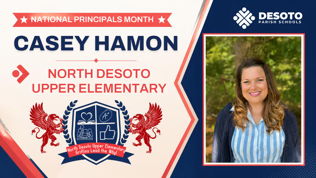 A graphic celebrates National Principals Month. It features a smiling woman, Casey Hamon, with a school emblem.