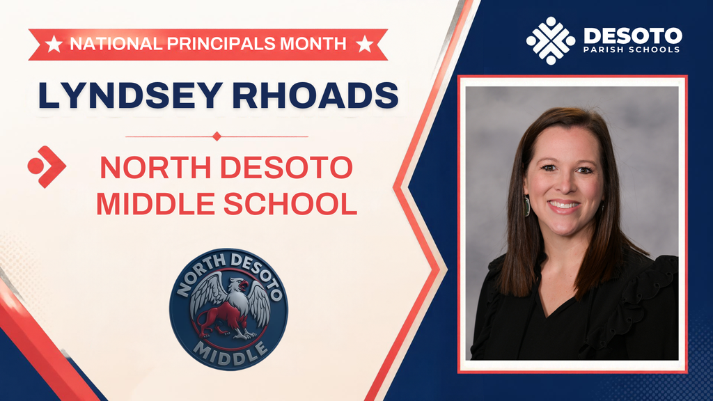 Text "Lyndsey Rhoads" above a photo of a woman, with "North Desoto Middle School" below. The logo of North Desoto Middle School is on the left.