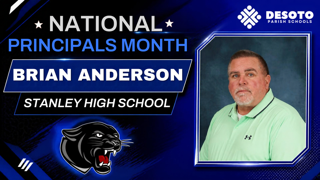 Blue background displays "National Principals Month" and "Brian Anderson, Stanley High School". Photo of man in a light green polo.