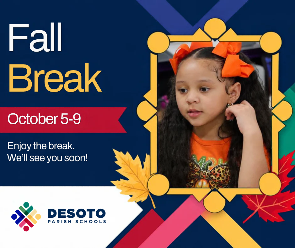 A poster with blue and red background. A child with an orange bow wears an orange shirt. Text reads Fall Break and October 5-9.