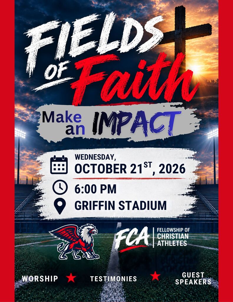 Advertisement for Fields of Faith, an event on October 21, 2026. Features a cross, football field, and a red border.