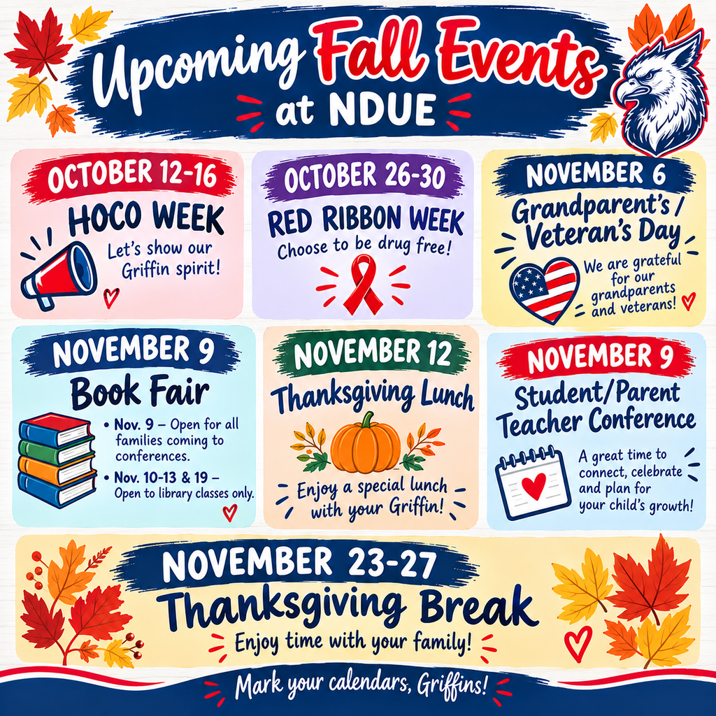 Event flyer with fall themes and dates. Titles: "HOCO Week," "Red Ribbon Week," "Book Fair," "Thanksgiving Lunch," and "Break."