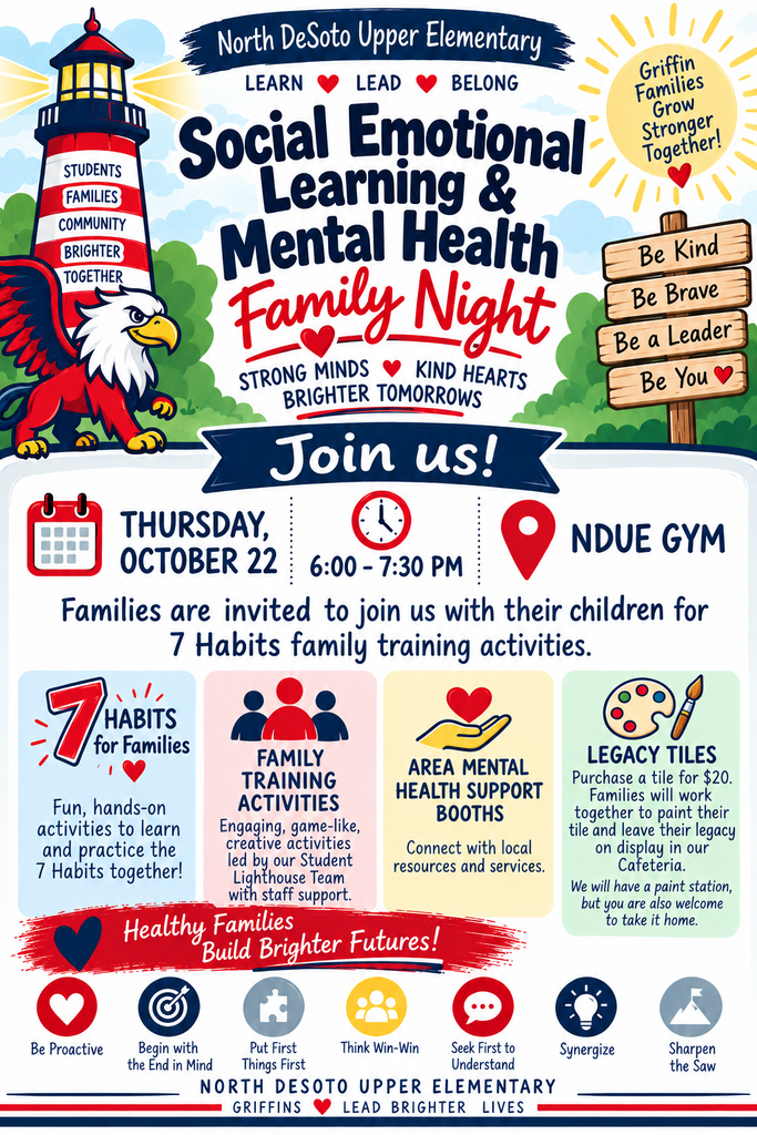 Poster for North DeSoto Upper Elementary Social Learning & Mental Health Family Night on Oct 22. Features a lighthouse, eagle, and icons.