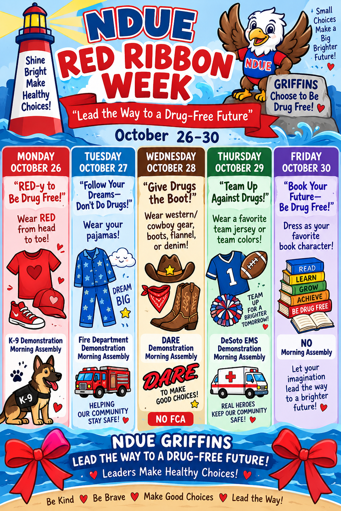 Poster with a lighthouse, red ribbon, and eagle. It says 'NDU RED RIBBON WEEK'. It shows days from October 26-30.