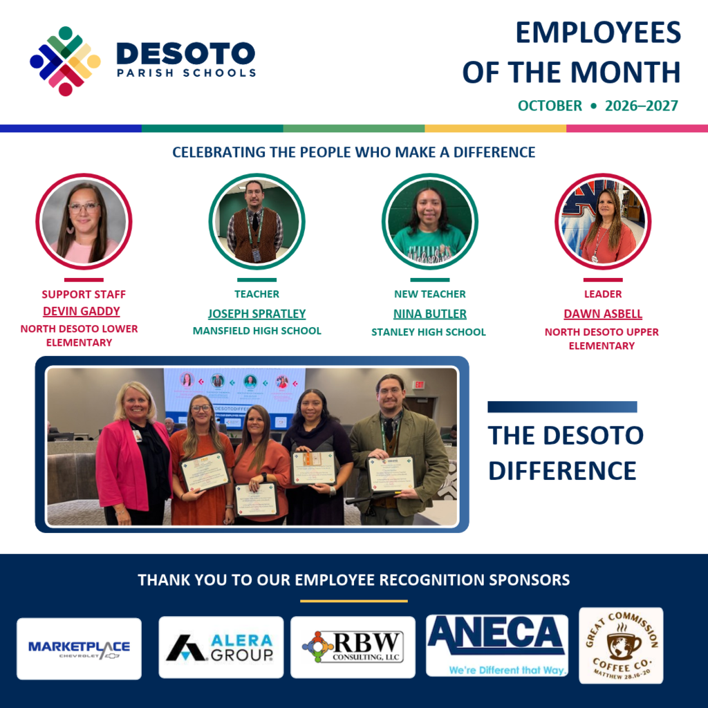 Poster showing employee recognition for October 2026. Four people in group photo holding certificates. Logos for sponsors at bottom.