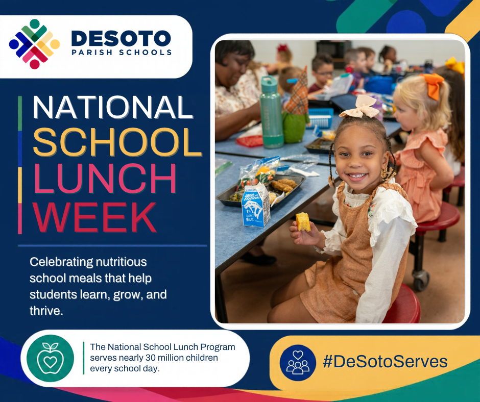 A poster celebrates National School Lunch Week. It features a smiling child and a cafeteria with children eating.
