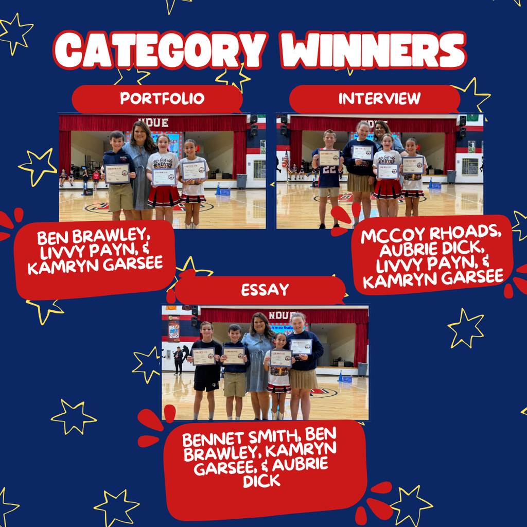 Blue background with stars. Names of winners in different categories. Some students are holding certificates.