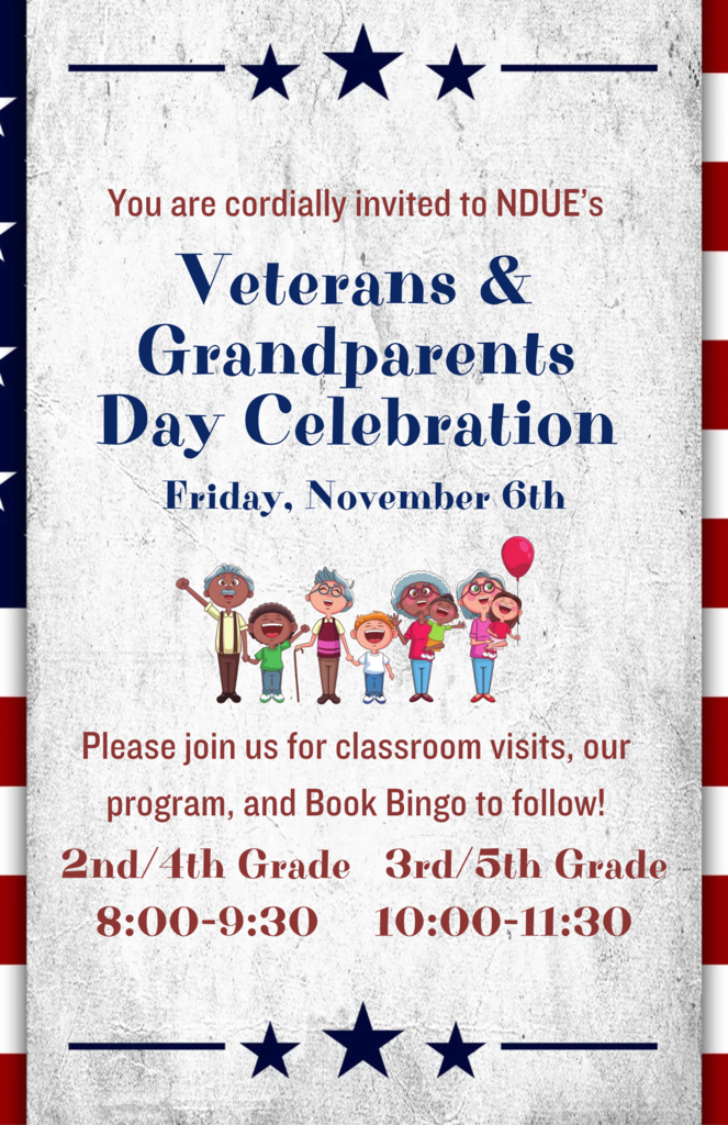 Invitation for Veterans & Grandparents Day at Ndue with star pattern on red, white, and blue background.