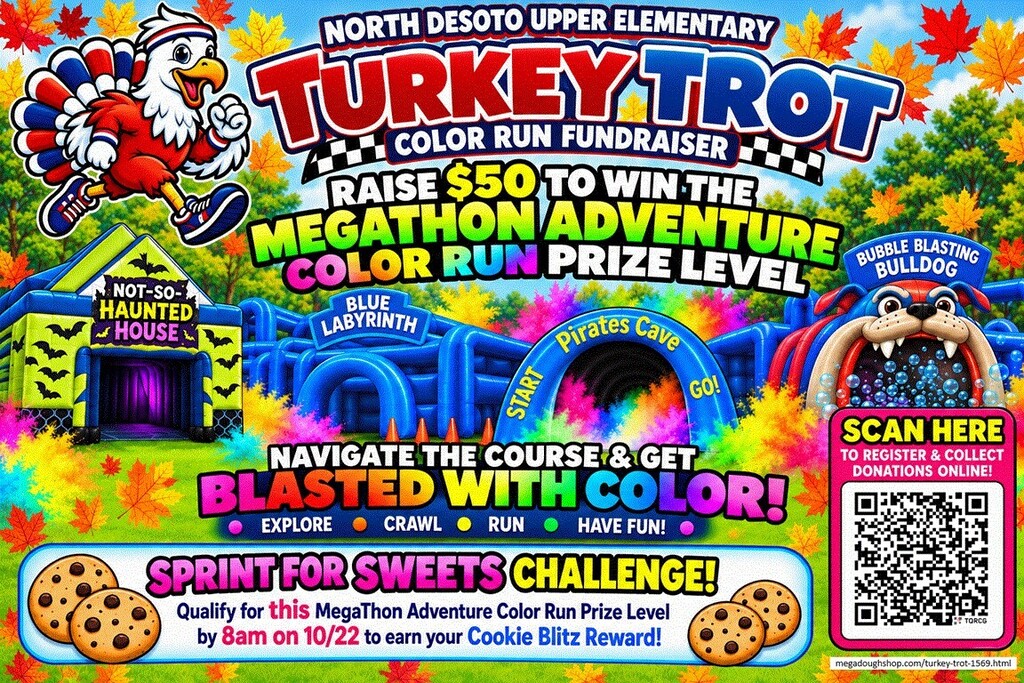 Bright colors, turkey, cookie, QR code, and text about a school fundraiser, including "Sprint for Sweets Challenge."