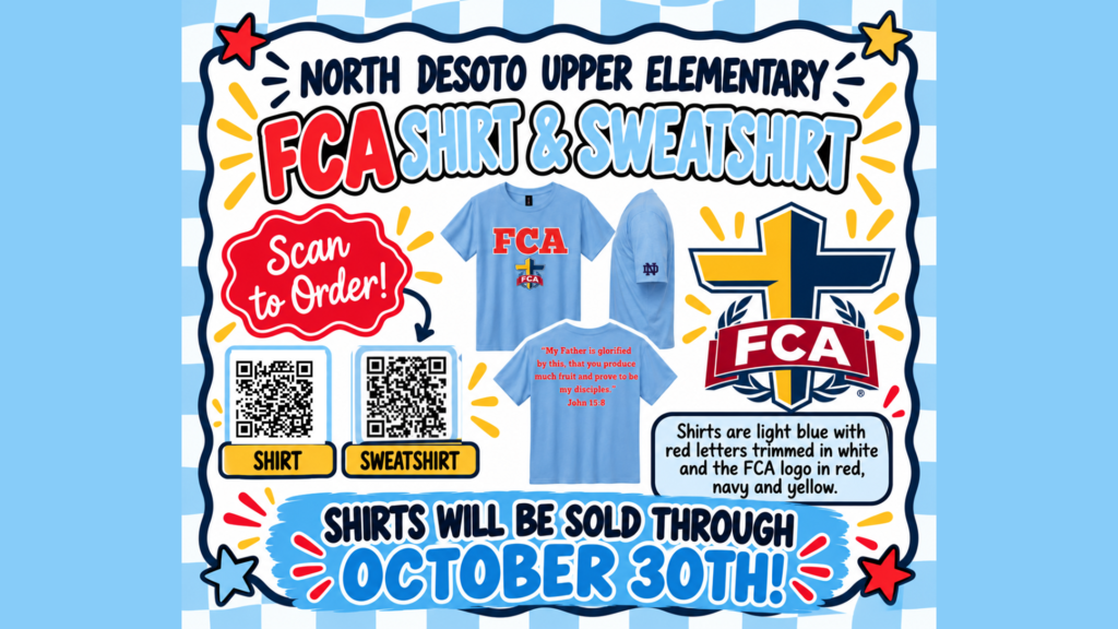 A poster with blue and white checkered background. Blue shirt and sweatshirts with FCA logo. Scan to order text with QR codes.