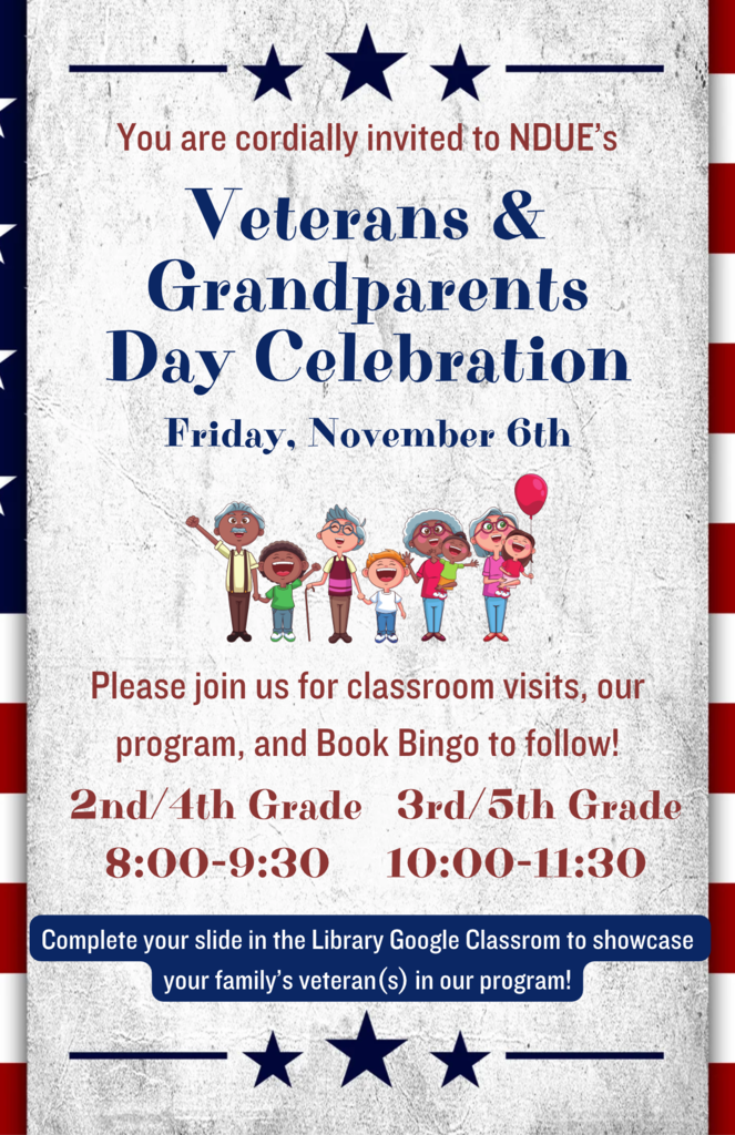 Invitation for Veterans and Grandparents Day Celebration. Image includes red, white, blue stars, text, and drawing of smiling adults and children.
