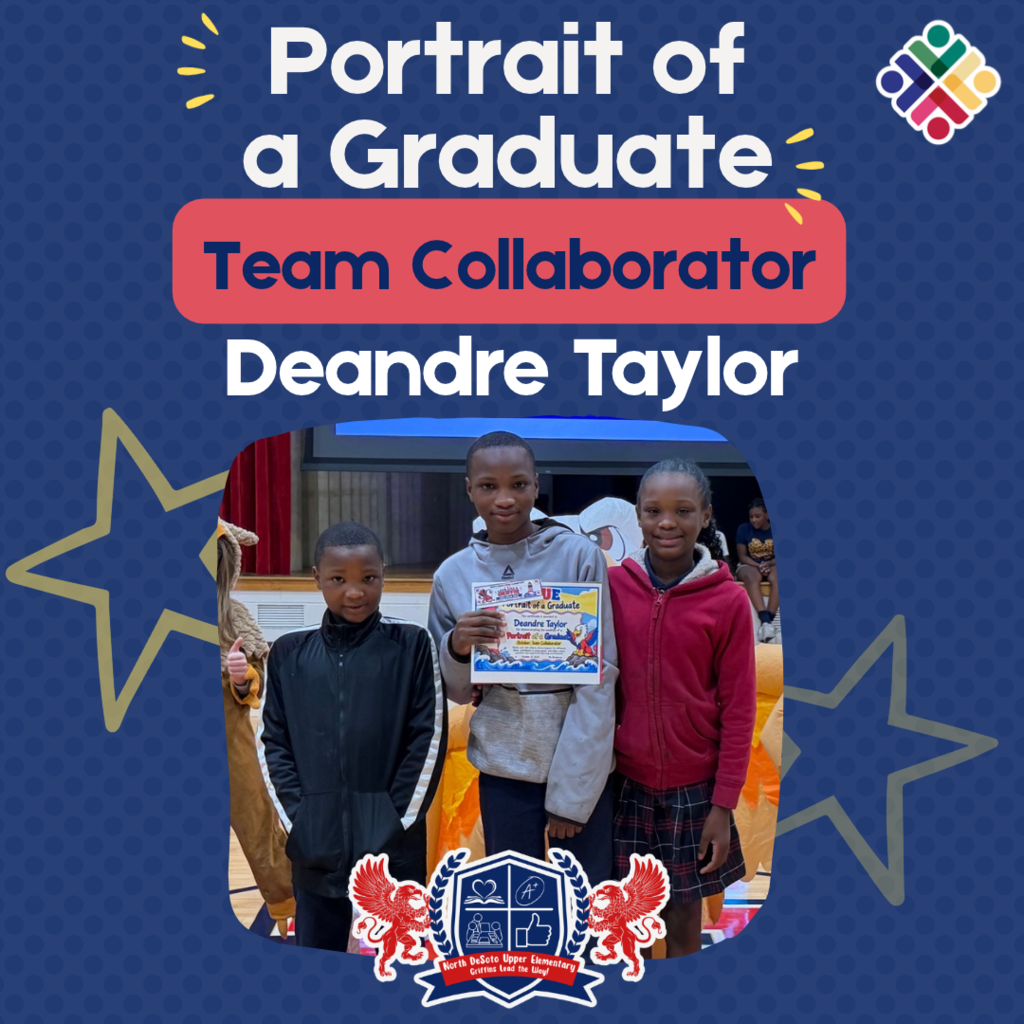 Three students standing together. Middle student holds certificate. Background has blue and yellow stars.