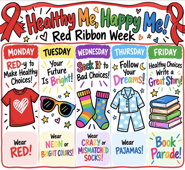 Poster with text "Healthy Me, Happy Me! Red Ribbon Week" featuring 5 colorful boxes for each day of the week.