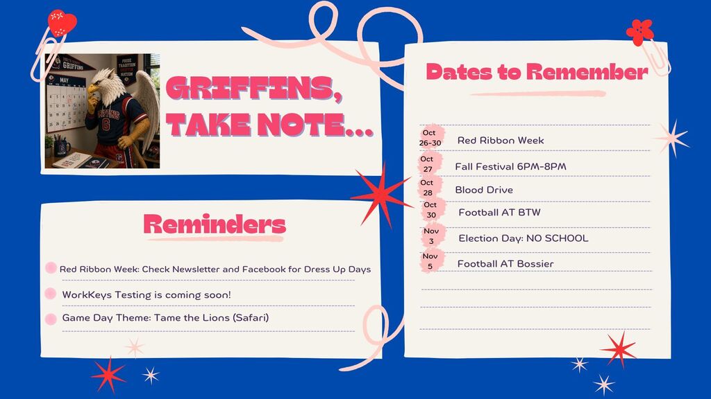 This week is red ribbon week. Fall Festival on Tuesday. Football at BTW on Friday
