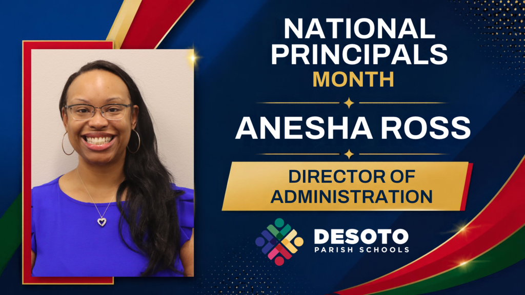 Person in glasses, necklace, and blue shirt with text "National Principals Month Anesha Ross Director of Administration".