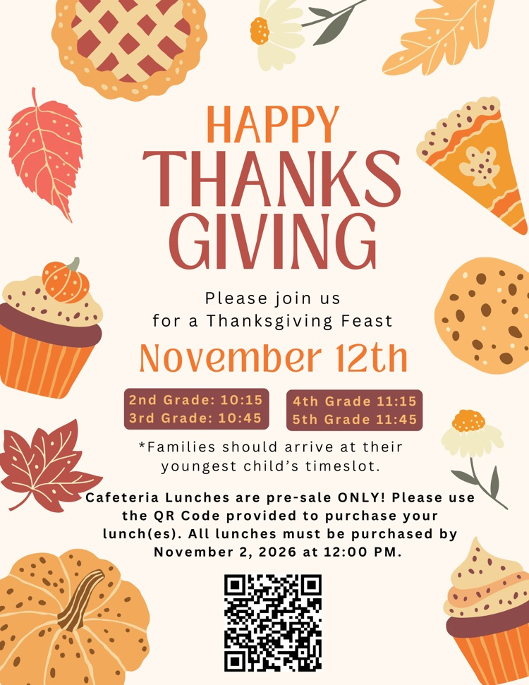 Thanksgiving feast invitation with cupcakes, leaves, pumpkins, and text about the event on November 12th.