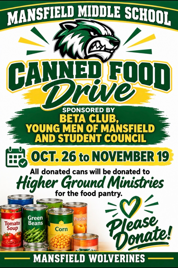 Poster for Mansfield Middle School canned food drive from October 26 to November 19. Canned food donation drive for local food pantry.