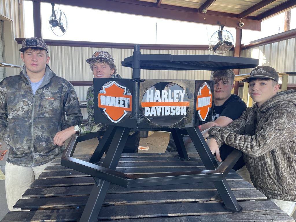Four young men wearing hats stand around a black table with Harley Davidson logos on it.