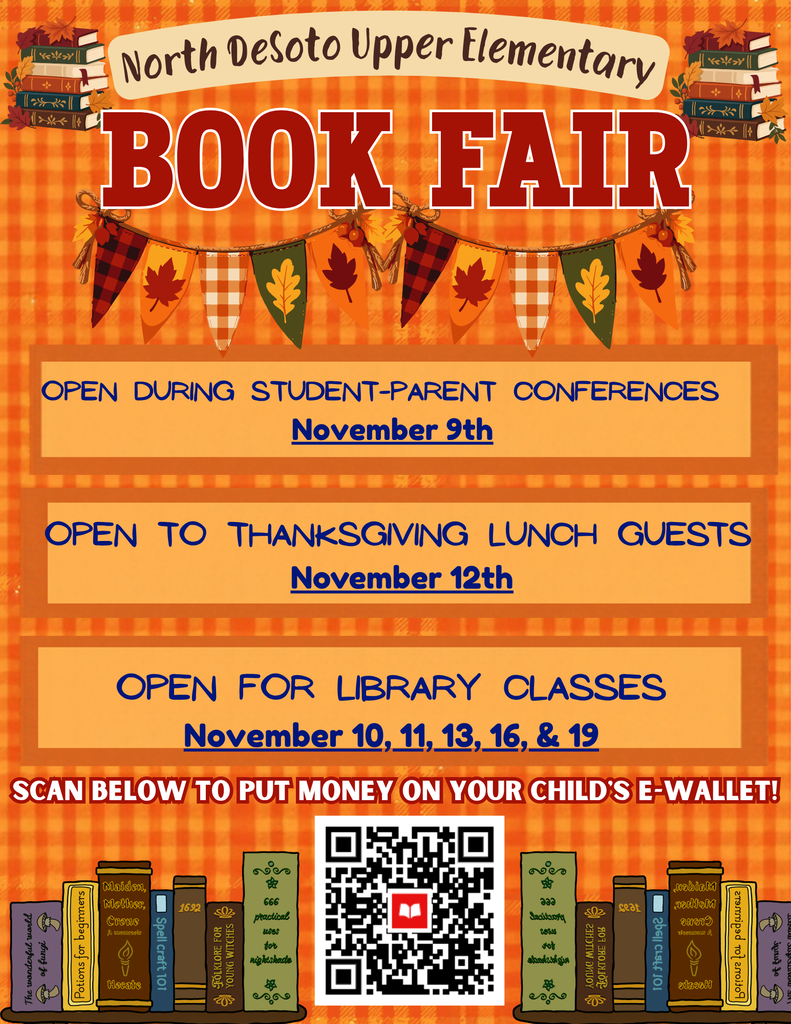 Banner with orange and white background. Text in bold. "Book Fair" at top. Below, text lists dates and times.