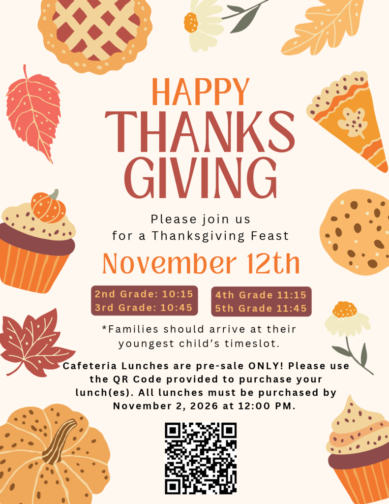 Holiday poster with text "Happy Thanksgiving" and images of pies, cupcakes, leaves, and pumpkins. QR code below the text.