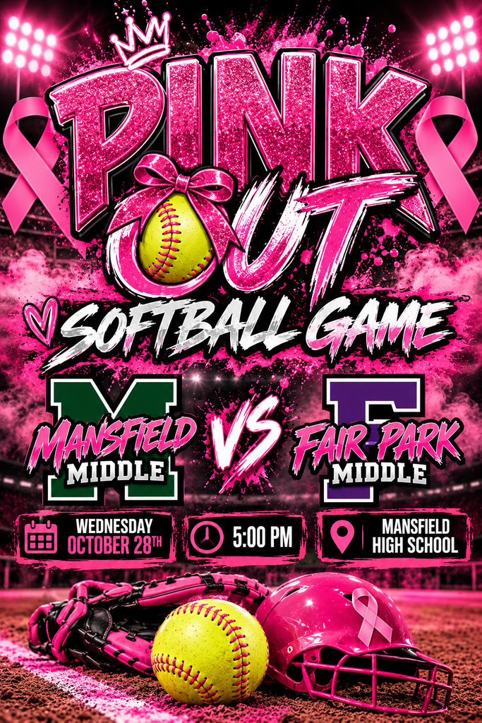 Pink background with pink text and ribbon, yellow softball, pink softball glove, pink helmet, and pink ribbon on field.
