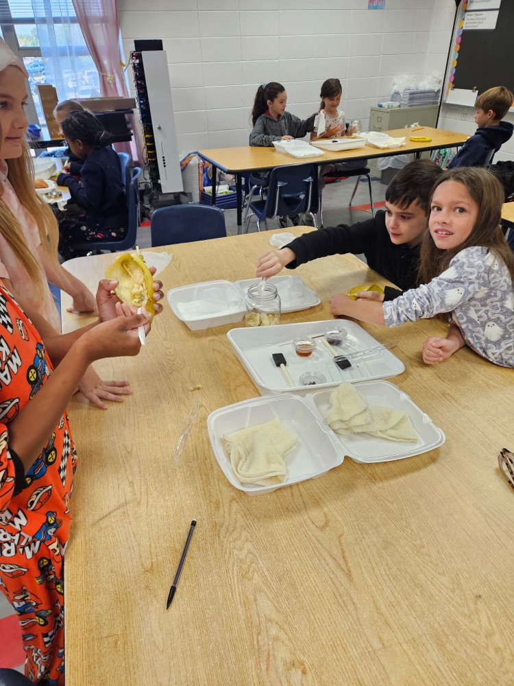 Children in a classroom hold and examine food. A girl sits at a table with a tray of items.