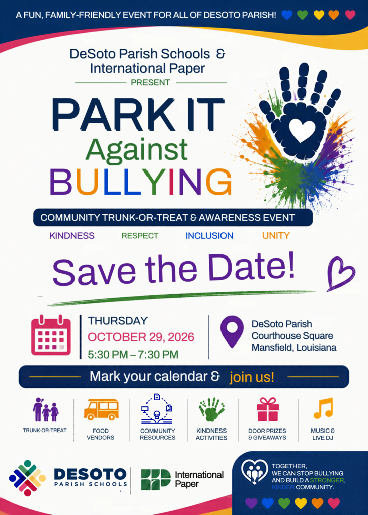 Poster with colorful handprints and heart. Text reads "Park It Against Bullying." Icons include a calendar, bus, food truck, gift, and music.