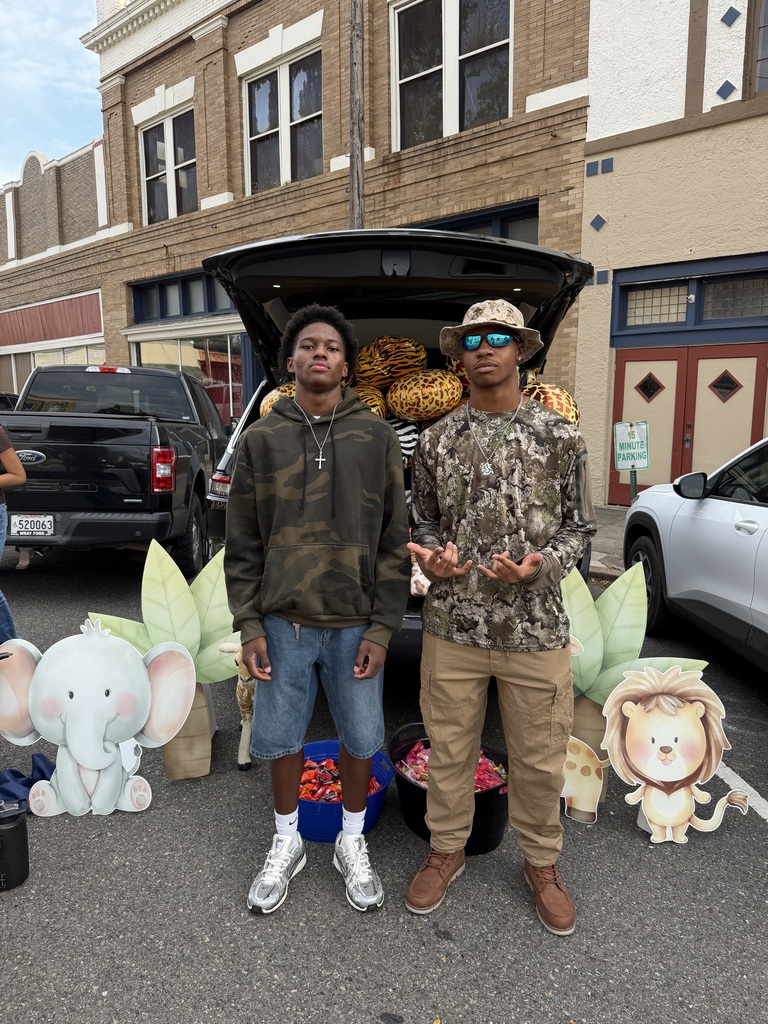 Two males stand in street with open trunk behind them, surrounded by cutouts of animals.