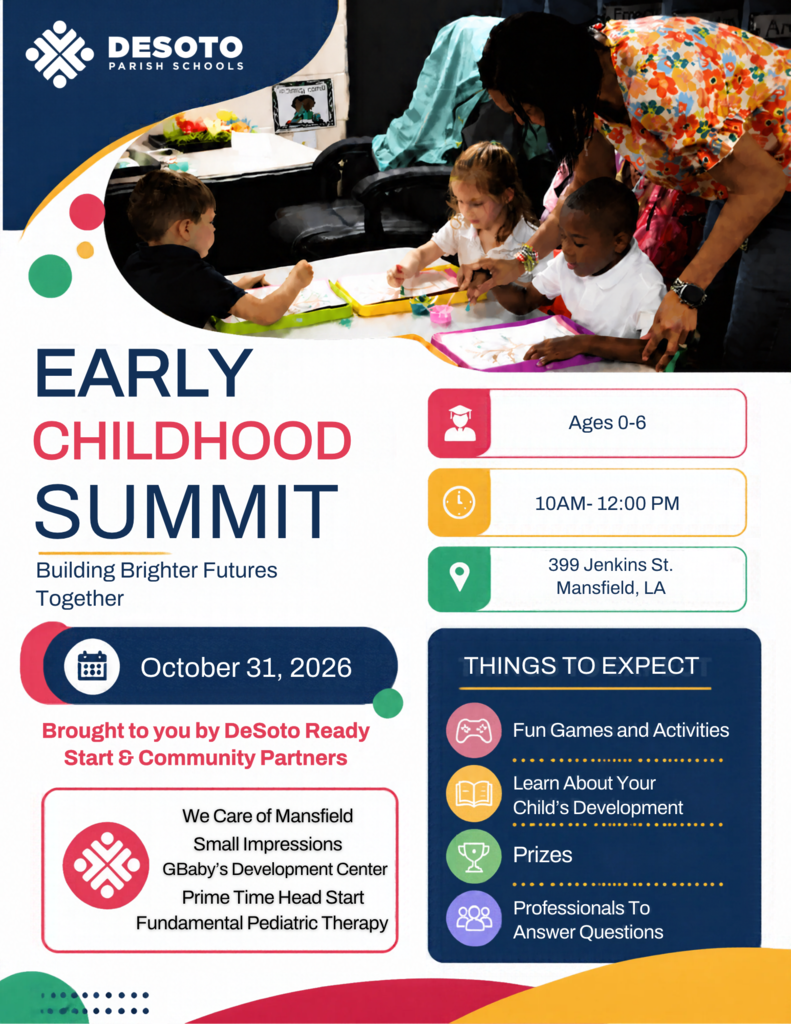 A poster with text and images, showing adults and children engaged in activities at a table.