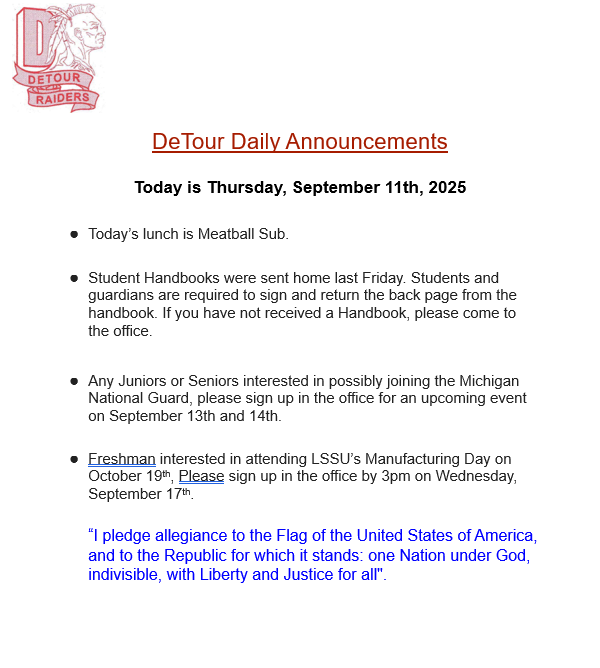 DeTour Daily Announcement 9-11-2025