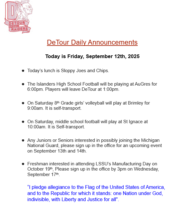 DeTour Daily Announcement 9-12-2025