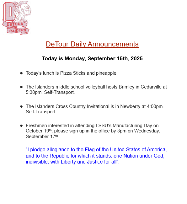DeTour Daily Announcement 9-15-2025