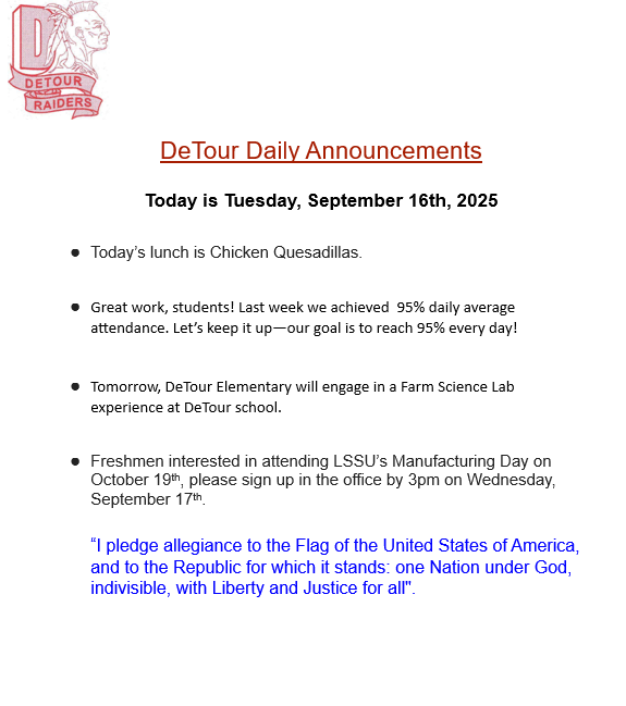 DeTour Daily Announcements