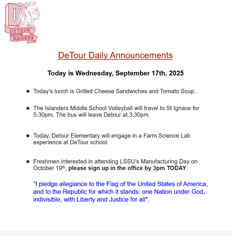 DeTour Daily Announcement