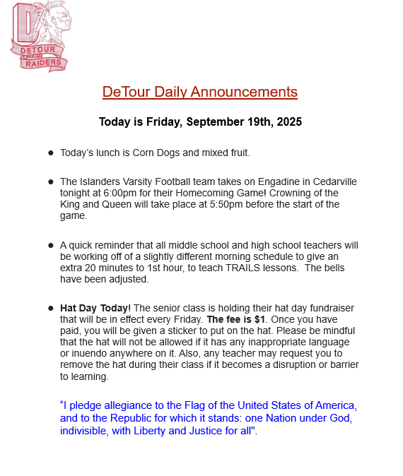 DeTour Daily Announcement 9-19-2025