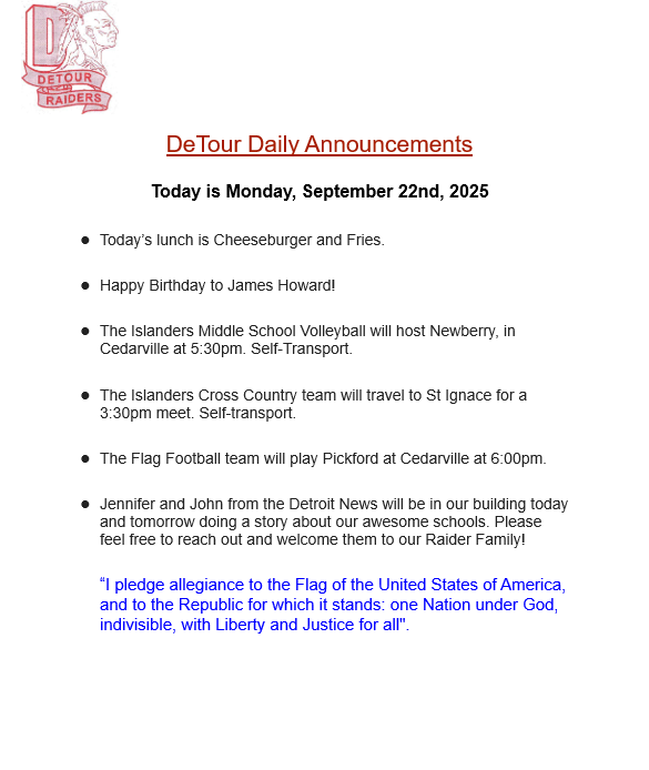 DeTour Daily Announcement 9-22-2025