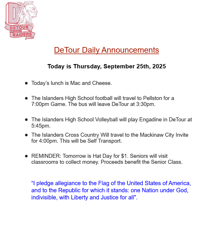 DeTour Daily Announcement 9-25-2025