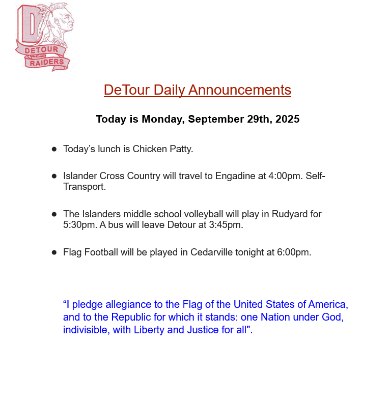 De Tour Daily Announcements 9-29-2025
