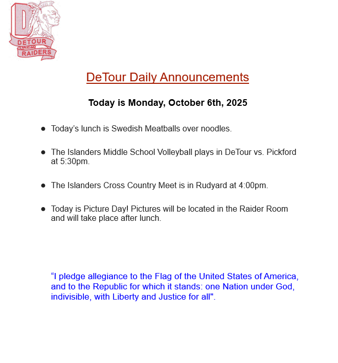 DeTour Daily Announcement 10-6-2025