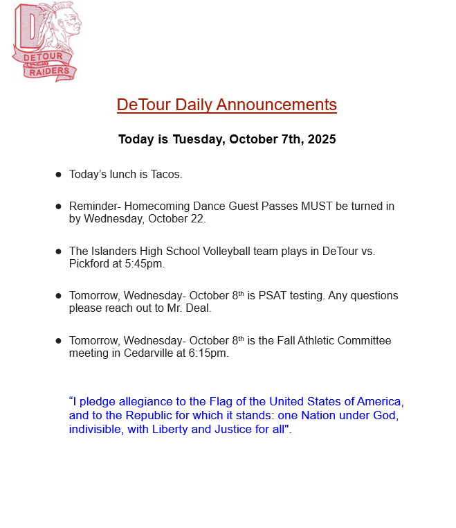 DeTour Daily Announcement 10-7-2025