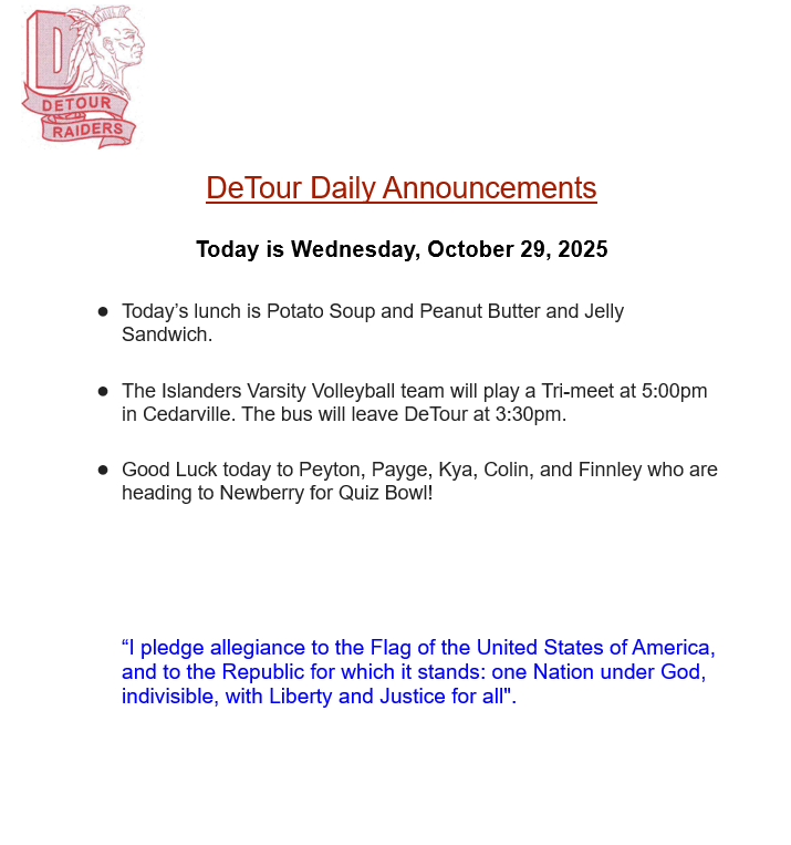 DeTour Daily Announcement 10-29-2025