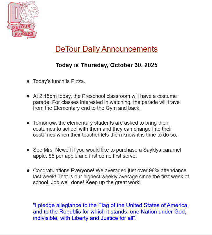DeTour Daily Announcement 10-30-2025