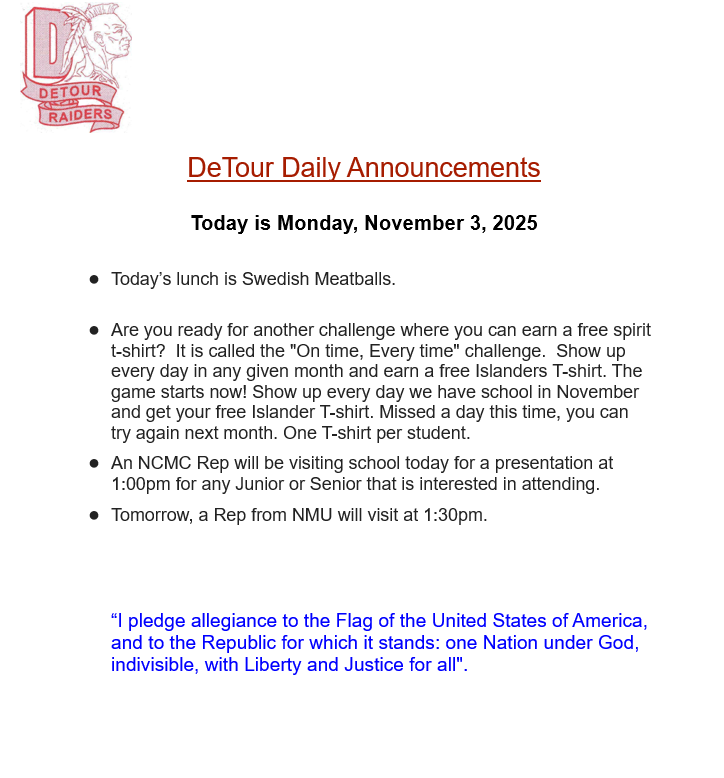 DeTour Daily Announcement 11-3-2025