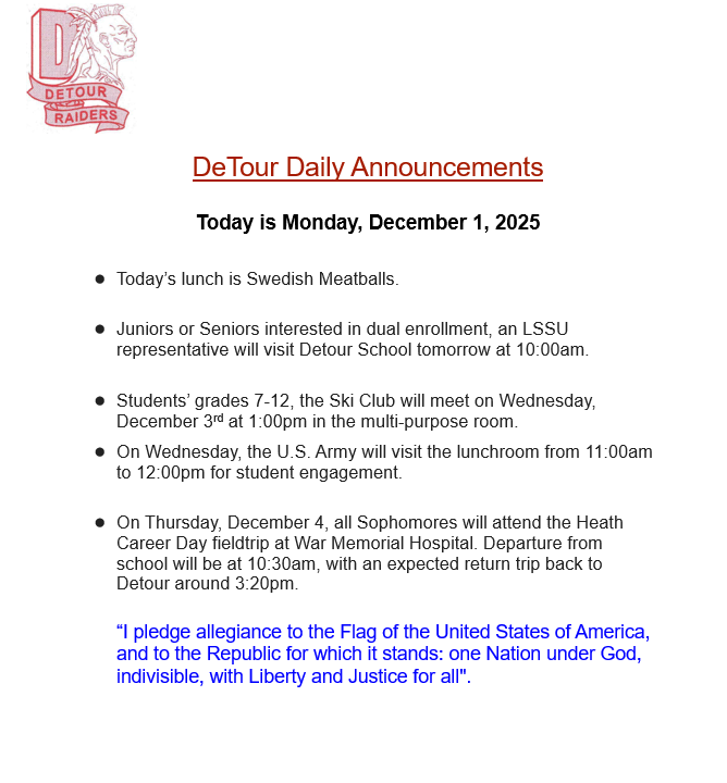 DeTour Daily Announcement 12-1-2025
