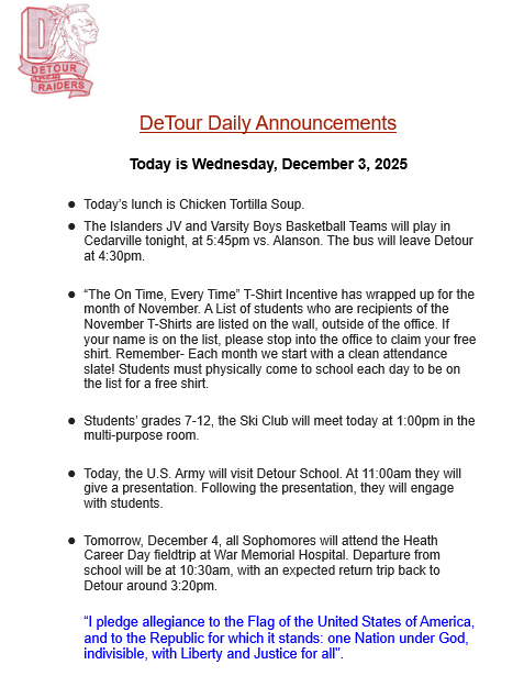 DeTour Daily Announcement 12-3-2025