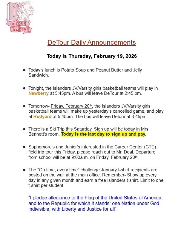DeTour Daily Announcement 2-19-2026