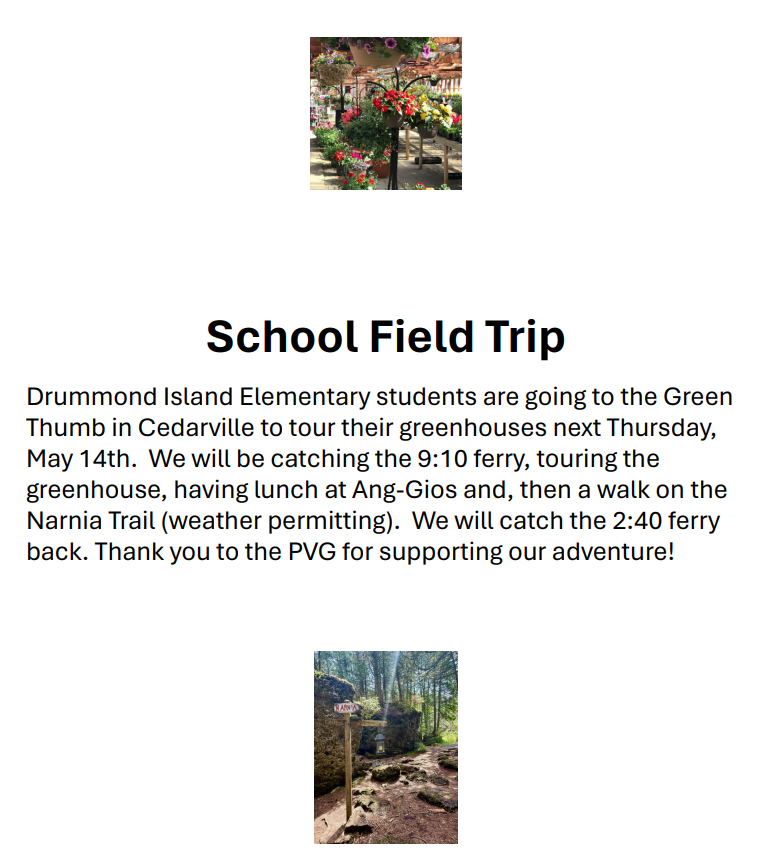 Drummond Island Elementary May 14th field trip announcement.