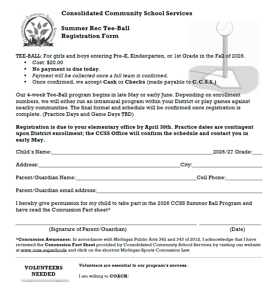 CCSS Tee-Ball registration form.